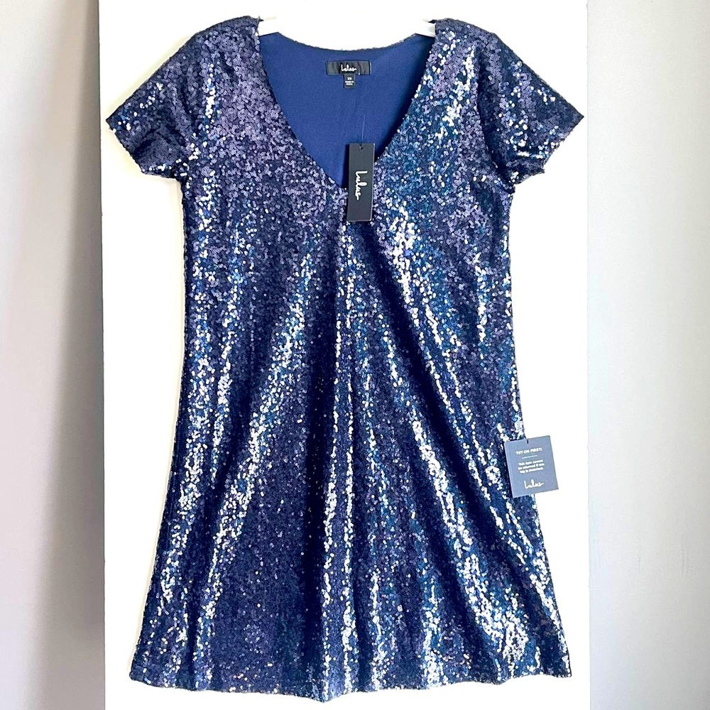 Lulu’s NWT Light Up the Night Navy Sequin Shift Dress Sz XS Swiftie Era Tour Y2K